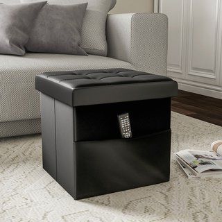 Foldable Storage Cube Ottoman With Pocket  Tufted Faux Leather Footrest Pertaining To Black Faux Leather Cube Ottomans (View 6 of 17)