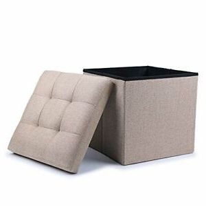 Folding Storage Ottoman Cube Foot Rest Stool Seat (linen Beige) Linen Within Beige Solid Cuboid Pouf Ottomans (View 2 of 20)