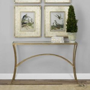 Forged Gold Leaf Console Table Alayna Curved Legs Glass Top Modern 48"w With Regard To Gold Console Tables (View 6 of 20)