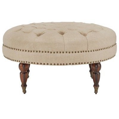 Georgya Tufted Round Ottoman With Casters – Beige Linen – Inspire Q For Beige Solid Cuboid Pouf Ottomans (View 18 of 20)