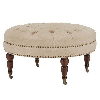 Georgya Tufted Round Ottoman With Casters – Beige Linen – Inspire Q Inside Neutral Beige Linen Pouf Ottomans (View 13 of 20)