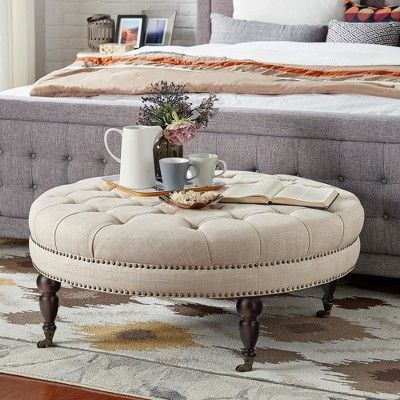 Georgya Tufted Round Ottoman With Casters – Beige Linen – Inspire Q With Neutral Beige Linen Pouf Ottomans (View 7 of 20)