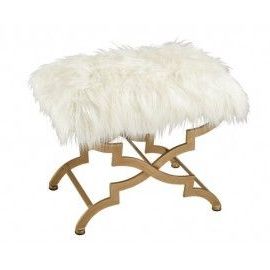 Gold X Frame White Fluffy Faux Fur Bench Footstool Ottoman | White Within White Faux Fur Round Ottomans (View 12 of 20)