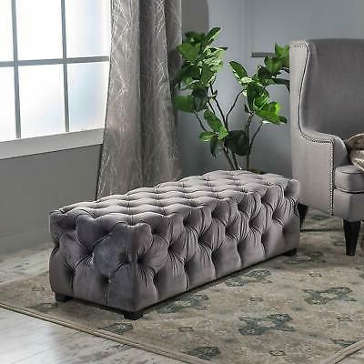 Gray Grey Velvet Tufted Fabric Bench Padded Ottoman Wood Seat Glam Chic Within Honeycomb Silver Velvet Fabric Ottomans (View 1 of 20)