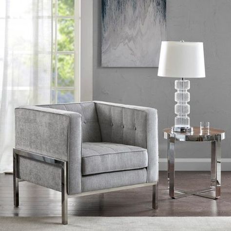 Grey Fabric Square Box Silver Leg Accent Chair | Accent Chairs For With Regard To Gray Chenille Fabric Accent Stools (View 9 of 20)