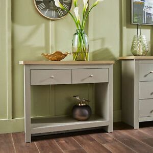 Grey Oak Console Table 2 Drawer Telephone Table Metal Handles Hallay Pertaining To Gray Driftwood Storage Console Tables (View 8 of 20)