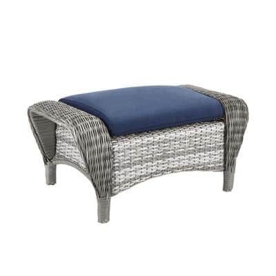 Hampton Bay Beacon Park 6 Piece Gray Wicker Outdoor Dining Set With Within Navy And Light Gray Woven Pouf Ottomans (View 1 of 20)
