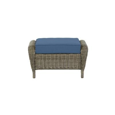 Hampton Bay Cambridge Gray Wicker Outdoor Patio Rocking Chair With In Navy And Dark Brown Jute Pouf Ottomans (View 12 of 20)