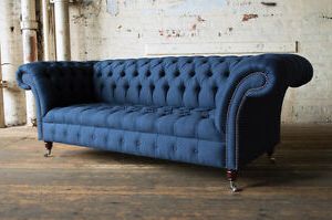 Handmade 3 Seater Navy Blue Herringbone Wool Chesterfield Sofa, Fabric Within Navy Velvet Fabric Benches (View 16 of 20)