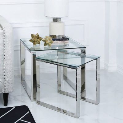Harper Nest Of 2 Stainless Steel And Clear Glass End Side Tables Regarding Clear Glass Top Console Tables (View 4 of 20)