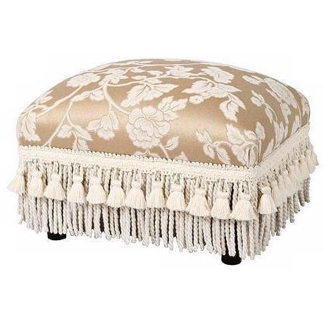 Heirloom Cream Floral And Tassels Ottoman | Ottoman, Furniture, Footstool In Gray Fabric Round Modern Ottomans With Rope Trim (View 8 of 20)