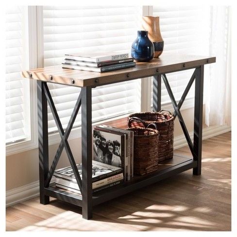 Herzen Rustic Industrial Style Antique Textured Finished Metal Throughout Rustic Oak And Black Console Tables (View 3 of 20)