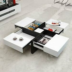 High Gloss White Hidden 4 Drawers Square Coffee Table Storage Unit Regarding Square High Gloss Console Tables (View 17 of 20)
