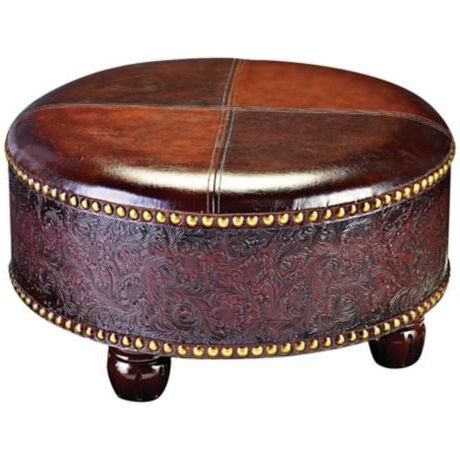 Howard Elliott Collection Two Tone Fauxleather Round Ottoman – #n0098 With Brown Faux Leather Tufted Round Wood Ottomans (View 10 of 20)