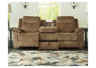 Huddle Up Nutmeg Reclining Sofa With Drop Down Table Albert's Furniture Regarding Espresso Faux Leather Ac And Usb Ottomans (View 4 of 20)