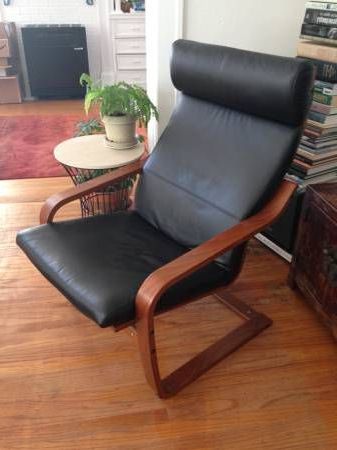 Ikea Poang Chair – Black Leather Cushion And Medium Brown Frame – $100 For Medium Brown Leather Folding Stools (View 1 of 20)