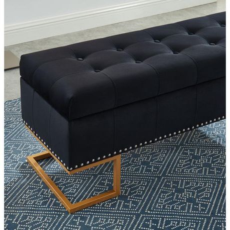 Imperial Tufted Double Ottoman With Studs And Gold Base (black Throughout Black Leather And Bronze Steel Tufted Ottomans (View 2 of 20)