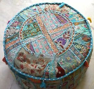Indian Blue Round Ottoman Pouf Cover Embroidered Patchwork Ethnic In Pouf Textured Blue Round Pouf Ottomans (View 11 of 20)