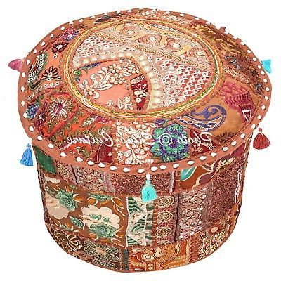 Indian Round Pouf Cover Patchwork Embroidered Antique Ottoman Bohemian Intended For Round Pouf Ottomans (View 11 of 20)