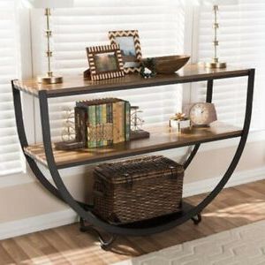 Industrial Console Sofa Table Wood Metal Entryway Semi Circle Storage Intended For Rustic Walnut Wood Console Tables (View 16 of 20)
