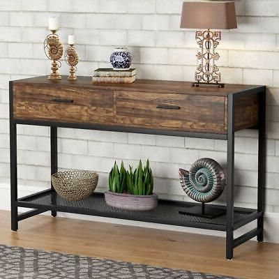 Industrial Sofa Table With Wheels Rustic Console 2 Drawers Modern Style In Rustic Espresso Wood Console Tables (View 1 of 20)