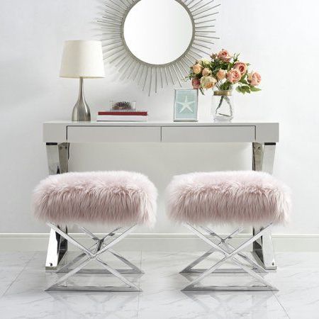 Inspired Home Nicole Faux Fur And Metal Ottoman – Walmart | Faux Pertaining To White Faux Fur And Gold Metal Ottomans (View 13 of 20)