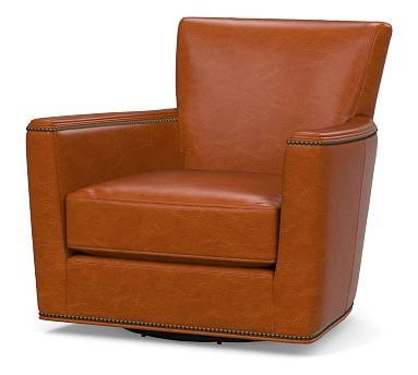Irving Square Arm Leather Swivel Rocker With Bronze Nailheads Intended For Caramel Leather And Bronze Steel Tufted Square Ottomans (Gallery 19 of 20)