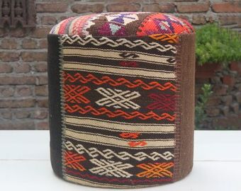 Items Similar To Roud Ottoman – Vintage Pattern – Coral And Blue On Etsy Within Beige And Dark Gray Ombre Cylinder Pouf Ottomans (View 2 of 6)