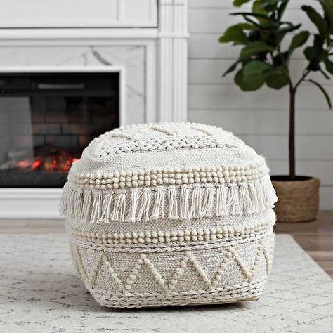 Ivory Braided And Wool Fringe Pouf In 2020 | Pouf Ottoman Living Room Pertaining To White Ivory Wool Pouf Ottomans (View 7 of 20)