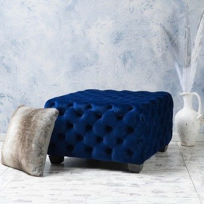 Jaymee New Velvet Ottoman – Navy – Christopher Knight Home | Velvet With Regard To Blue Fabric Tufted Surfboard Ottomans (View 1 of 20)