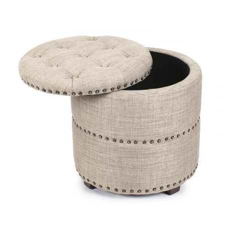 Joveco Modern Nailhead Trim Fabric Ottoman, Cylinder, Beige – Jft49 3 With Gray Stripes Cylinder Pouf Ottomans (View 7 of 20)