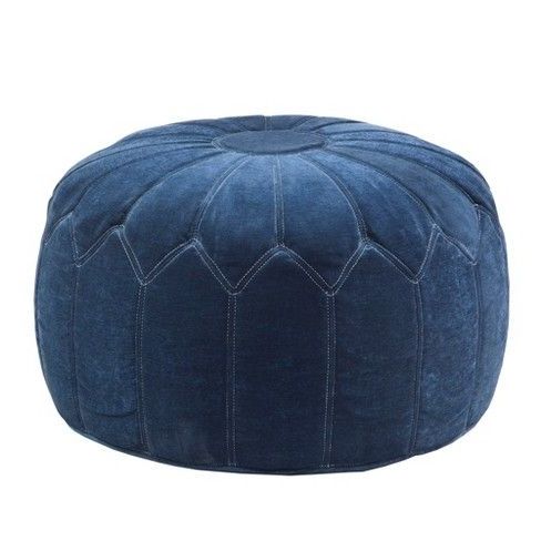 Kelsey Round Pouf Storage Ottoman Blue | Pouf Ottoman, Upholstered For Dark Red And Cream Woven Pouf Ottomans (View 9 of 20)