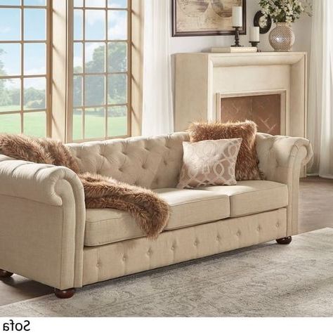 Knightsbridge Beige Fabric Button Tufted Chesterfield Sofa And Seating With Ecru And Otter Console Tables (View 2 of 20)