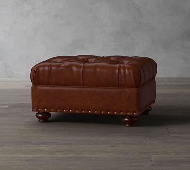 Lansing Leather Ottoman | Leather Ottoman, Tufted Leather Ottoman Within Brown Leather Tan Canvas Pouf Ottomans (View 15 of 20)