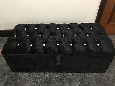 Large Black Crushed Velvet Ottoman, Toys Storage, Footstool, Ottoman Inside Dark Blue Fabric Banded Ottomans (View 17 of 20)