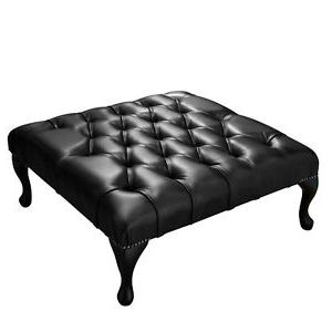 Large Chesterfield Footstool Square Table Ottoman 100% Black Leather | Ebay For Black And White Zigzag Pouf Ottomans (View 6 of 20)