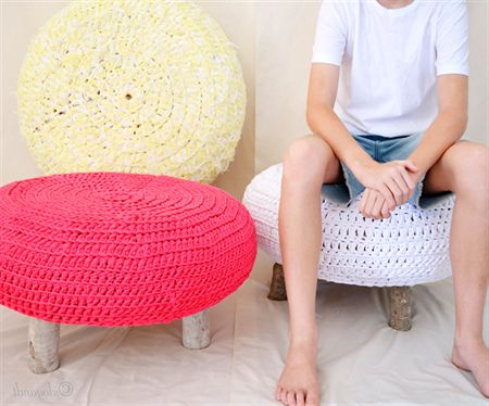 Large Crochet Fabric Ottoman Pouffe Foot Stool Table Natural Tree Legs With Green Fabric Oversized Pouf Ottomans (Gallery 20 of 20)