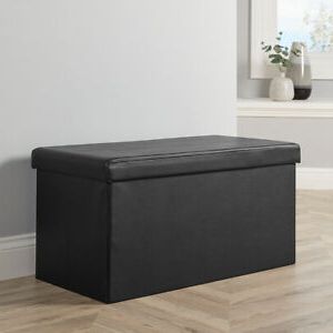 Large Folding Ottoman Black Faux Leather Chest Solid Sturdy Storage Regarding Black Faux Leather Storage Ottomans (View 7 of 20)