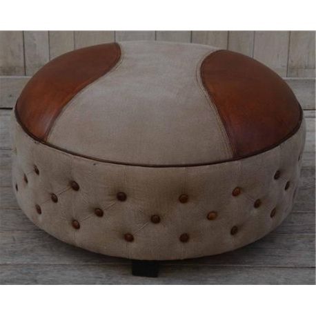 Large Leather & Canvas Round Ottoman / Stool / Footstool / Sidestool Pertaining To Black Leather And Gray Canvas Pouf Ottomans (View 3 of 20)