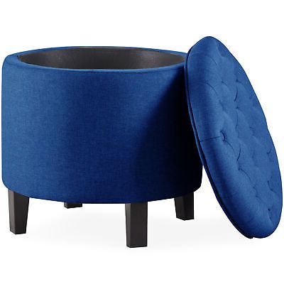 Large Round Tufted Ottoman Footstool Seat Living Room Bedroom (blue) | Ebay Regarding Pouf Textured Blue Round Pouf Ottomans (View 16 of 20)