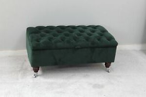 Large Storage Ottoman Chesterfield Footstool In Dark Green Velvet | Ebay Throughout Silver Faux Leather Ottomans With Pull Tab (View 17 of 20)