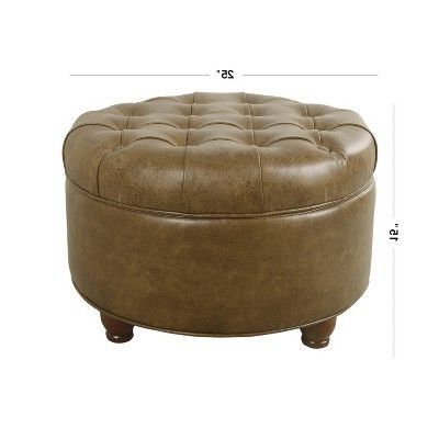 Large Tufted Round Storage Ottoman Faux Leather Distressed Brown With Regard To Black Faux Leather Column Tufted Ottomans (View 9 of 20)