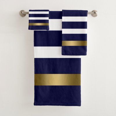 Laurel & Monogram On Navy Blue & White Striped Bath Towel Set | Zazzle Pertaining To Navy Blue And White Striped Ottomans (View 4 of 20)