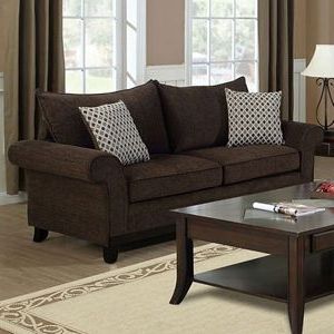 Lavanchy Sofa – Chocolate Chenille, 2 Accent Pillows | Chocolate Sofa With Cocoa Console Tables (View 5 of 20)