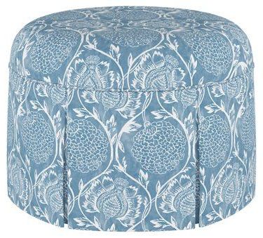 Liza Skirted Ottoman, Floral French Blue | Ottoman, Blue, Romantic Design Regarding Fresh Floral Velvet Pouf Ottomans (View 12 of 20)