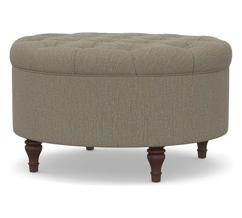 Lorraine Upholstered Round Storage Ottoman, Belgian Linen Light Gray With Light Gray Tufted Round Wood Ottomans With Storage (View 10 of 20)