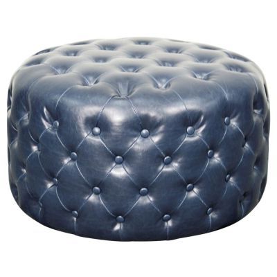 Lulu Round Bonded Leather Tufted Ottoman, Vintage Blue/353616b V05 24 Inside Pouf Textured Blue Round Pouf Ottomans (View 1 of 20)