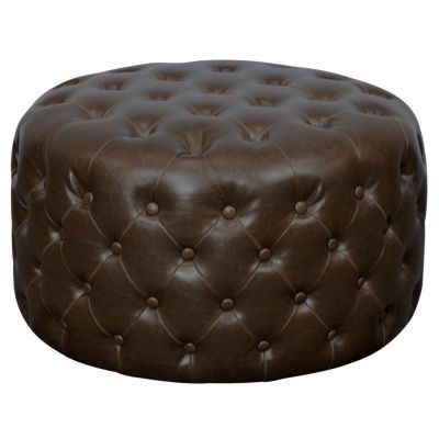 Lulu Round Tufted Bonded Leather Ottoman Vintage Dark Brown | Leather Intended For Brown Fabric Tufted Surfboard Ottomans (View 16 of 20)