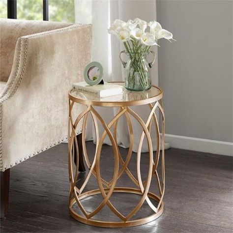 Madison Park Mp120 0221 Arlo Metal Eyelet Accent Table, Gold & Glass With Glass And Gold Console Tables (View 16 of 20)