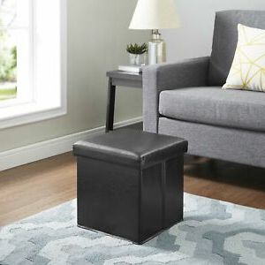 Mainstays Ultra Collapsible Storage Ottoman Black Faux Leather | Ebay In Black Faux Leather Storage Ottomans (View 17 of 20)